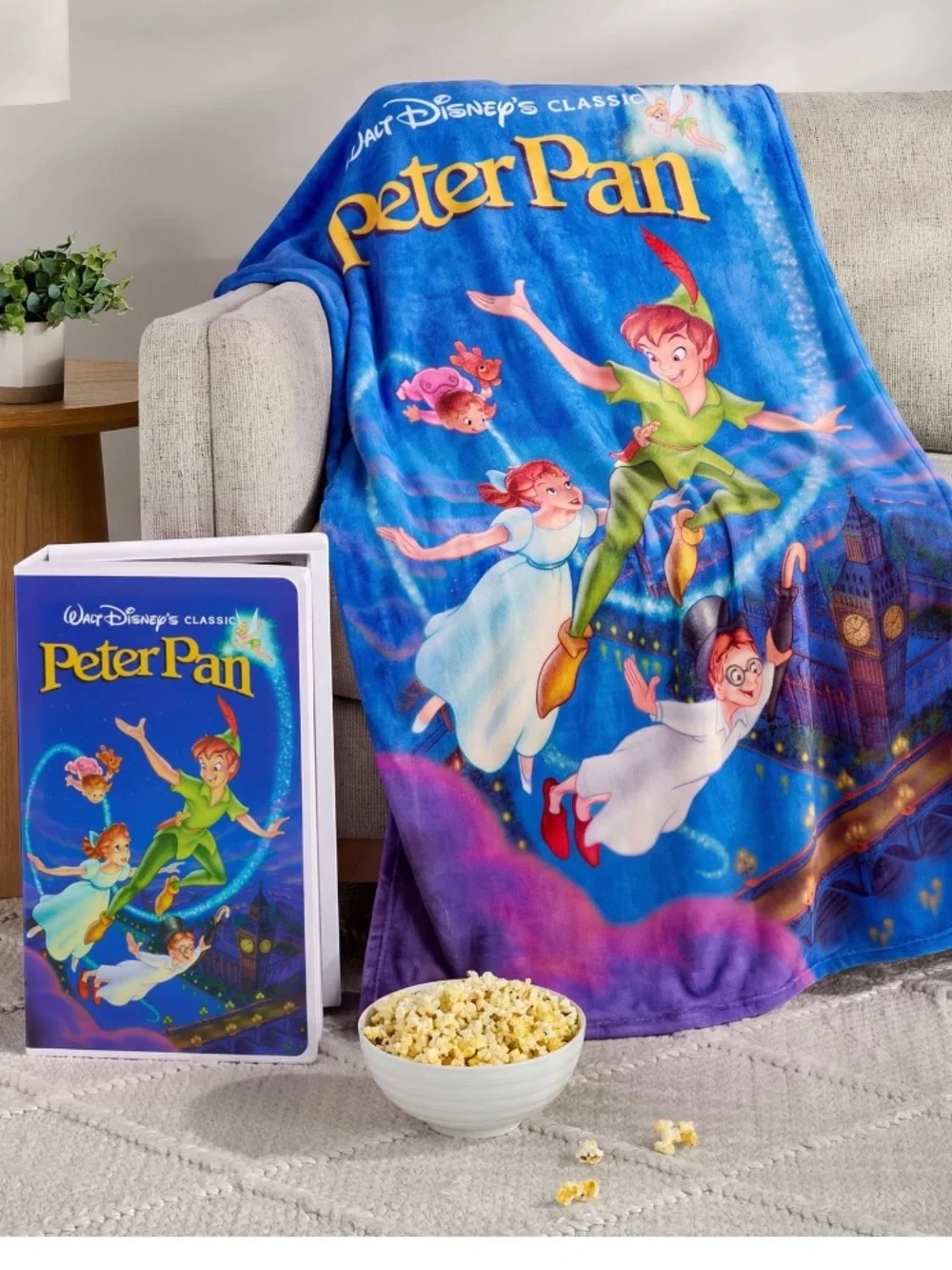 DISNEY Peter Pan Silk Throw Blanket in Classic VHS collectible 50